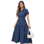 Short Sleeves Turn-Down Neckline Women’s High-Quality Denim Hollow-Out Dress - JVMCL