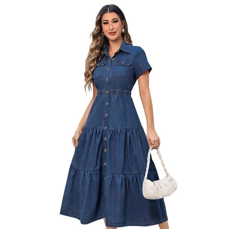 Short Sleeves Turn-Down Neckline Women’s High-Quality Denim Hollow-Out Dress - JVMCL