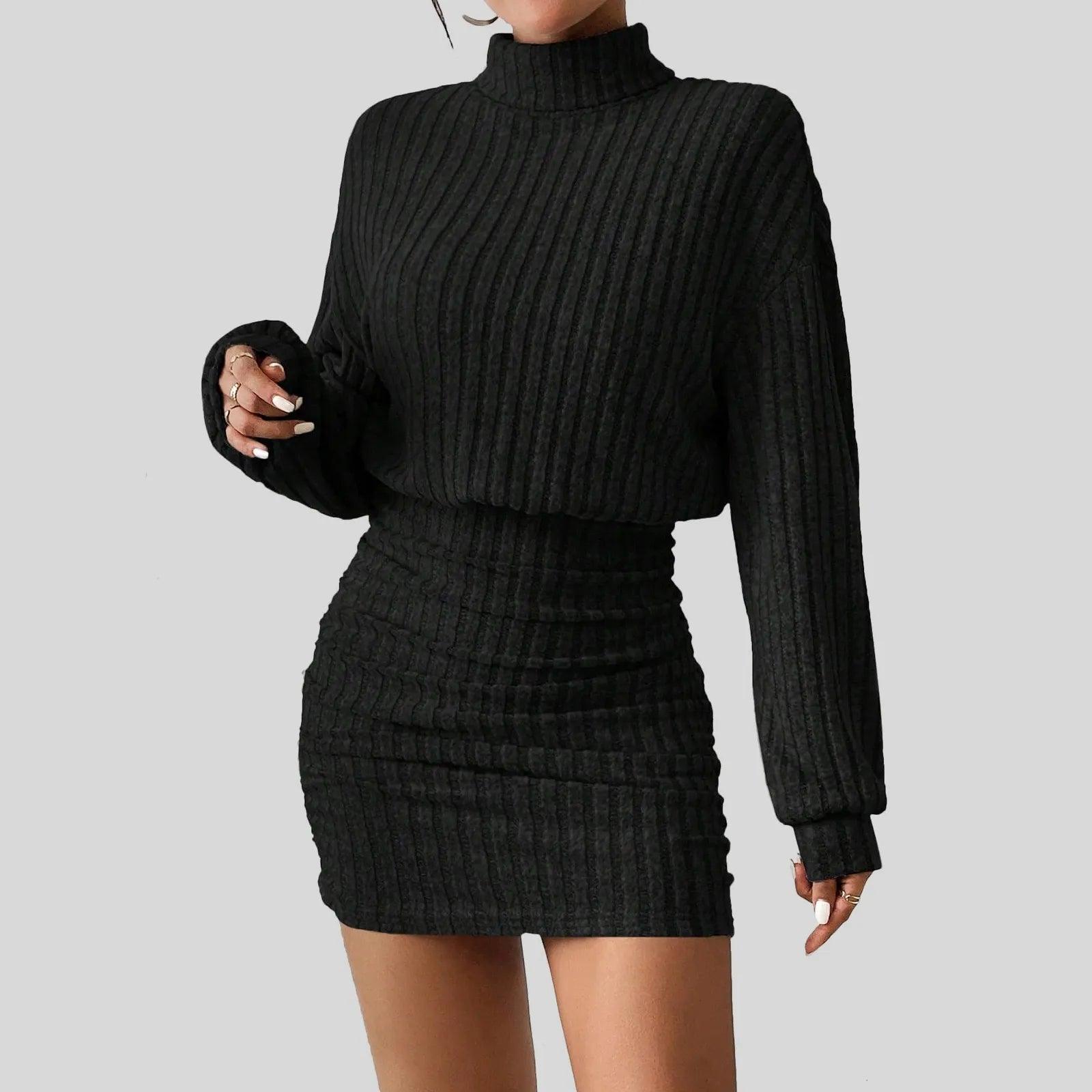 Casual Bodycon Women’s Long Sleeve Ribbed Knit Turtleneck Mini Sweater Dress - JVMCL