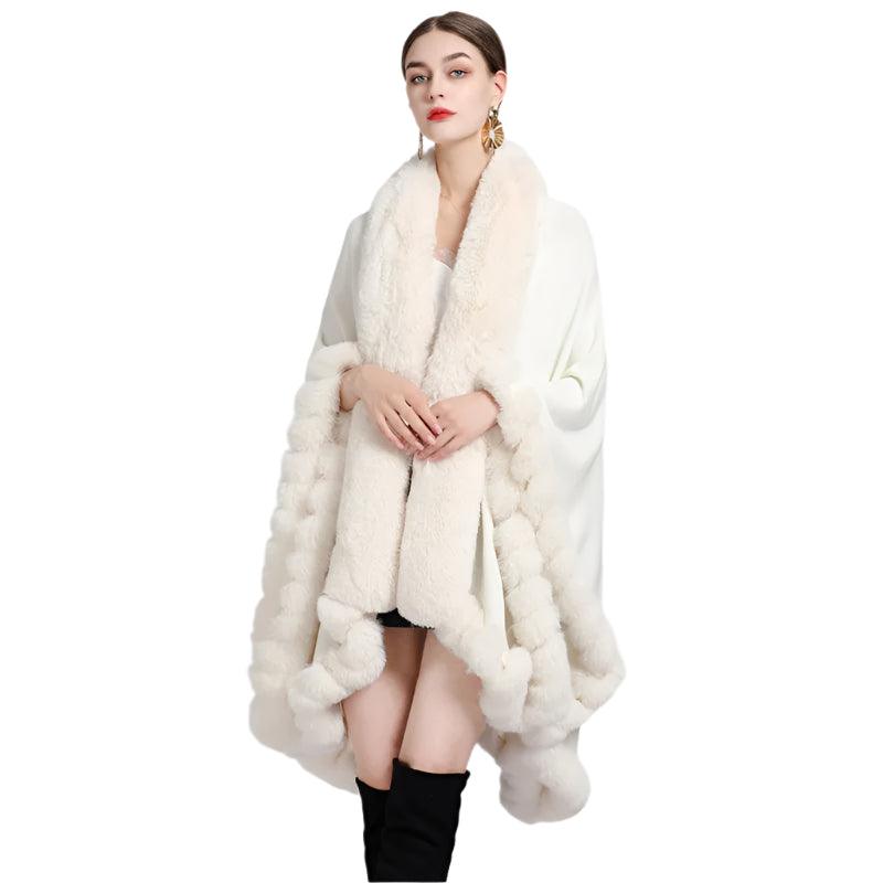 Women's Winter Thicken Shawl - Faux Rabbit Fur Long Poncho Cape Cloak - JVMCL