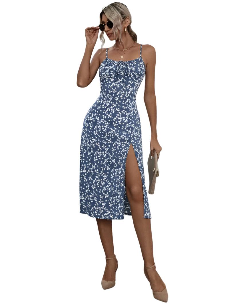 Elegant Floral Print Summer Split Dress - Slim Waist Spaghetti Strap Sheath Dress - JVMCL