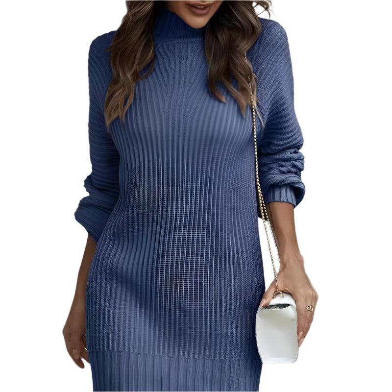 Office Lady Slim Fit Elegance Autumn/Winter High Neck Flare Sleeve Knit Dress - JVMCL