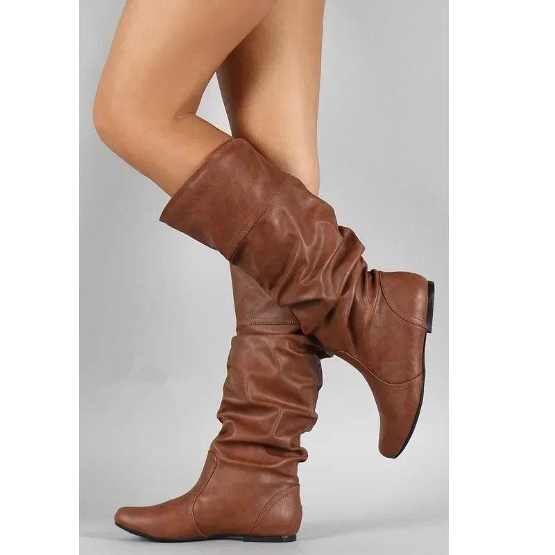 Women's Comfortable Fashion Pleated Long Mid-Calf Slip-On Winter Boots - JVMCL