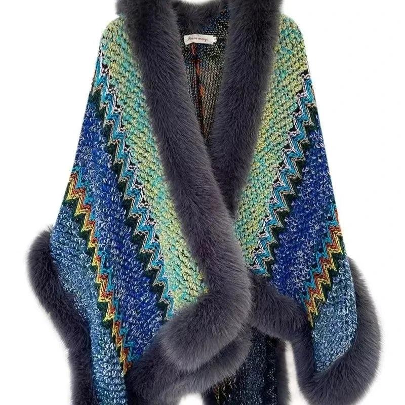 Bohemian Faux Silver Fox Fur Poncho – Knitted Wool Cloak & Luxury Shawl Wrap - JVMCL