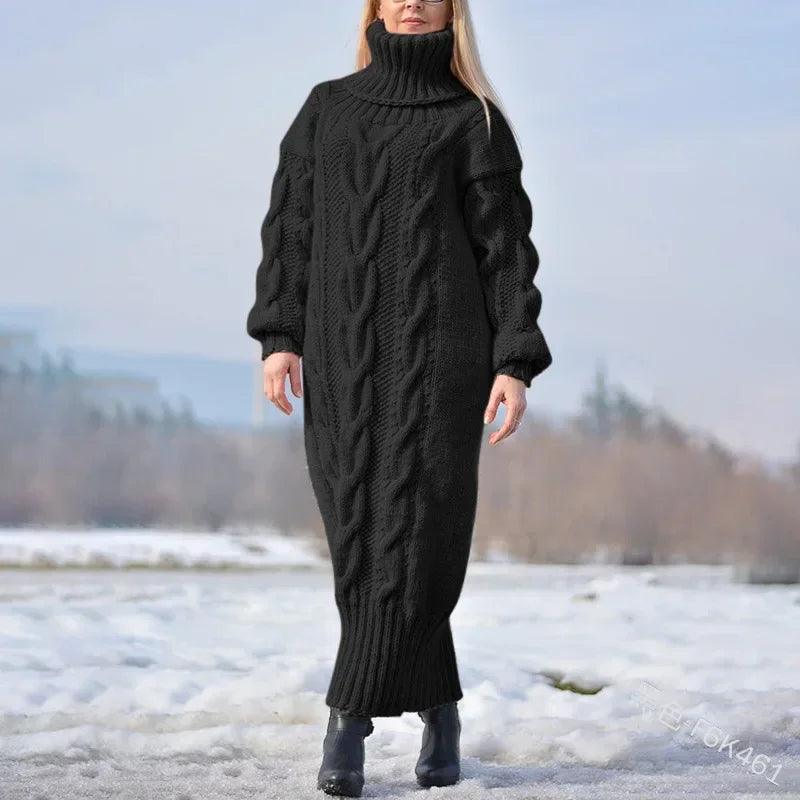 Autumn Winter Solid Color Turtleneck Knitted Sweater Long Dress for Women - JVMCL