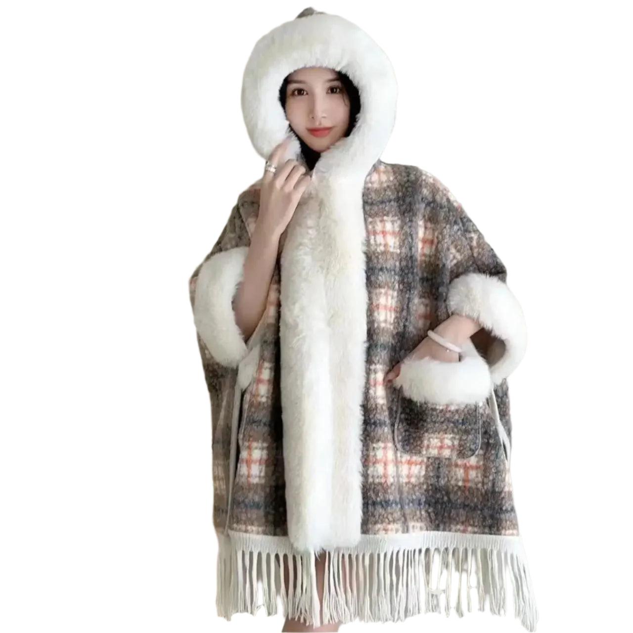 Hooded Overcoat Plaid Faux Lamb Fur Women’s Long Thick Velvet Poncho Cloak - JVMCL