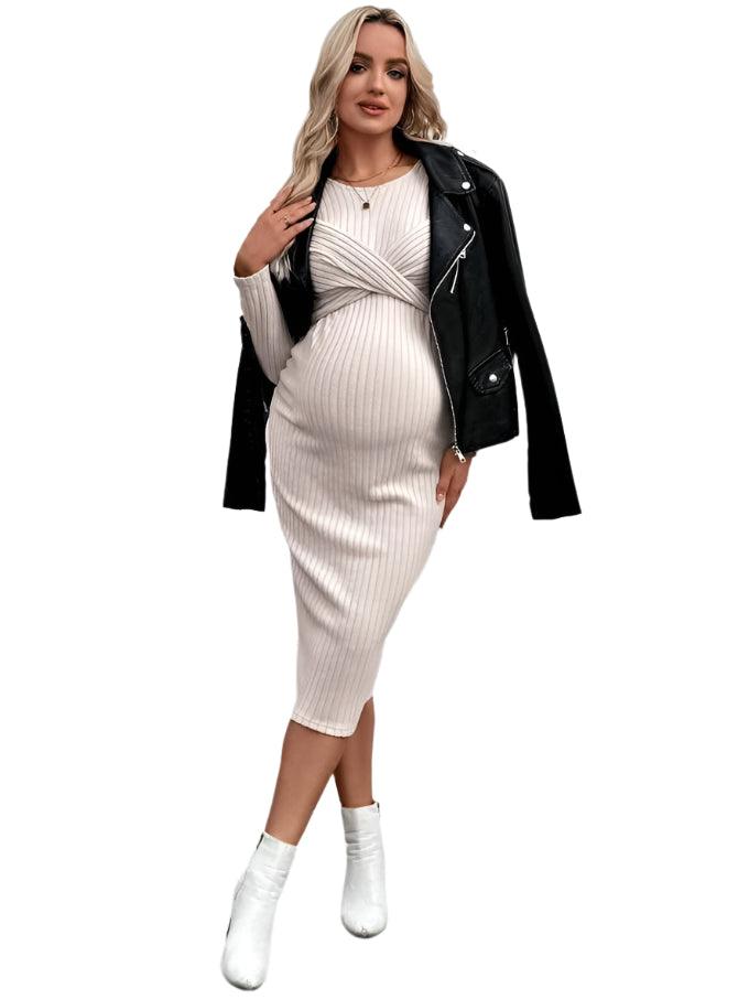 Elegant Knit Maternity Dress –Slim Fit Solid Color Long Sleeve Sheath for Autumn - JVMCL