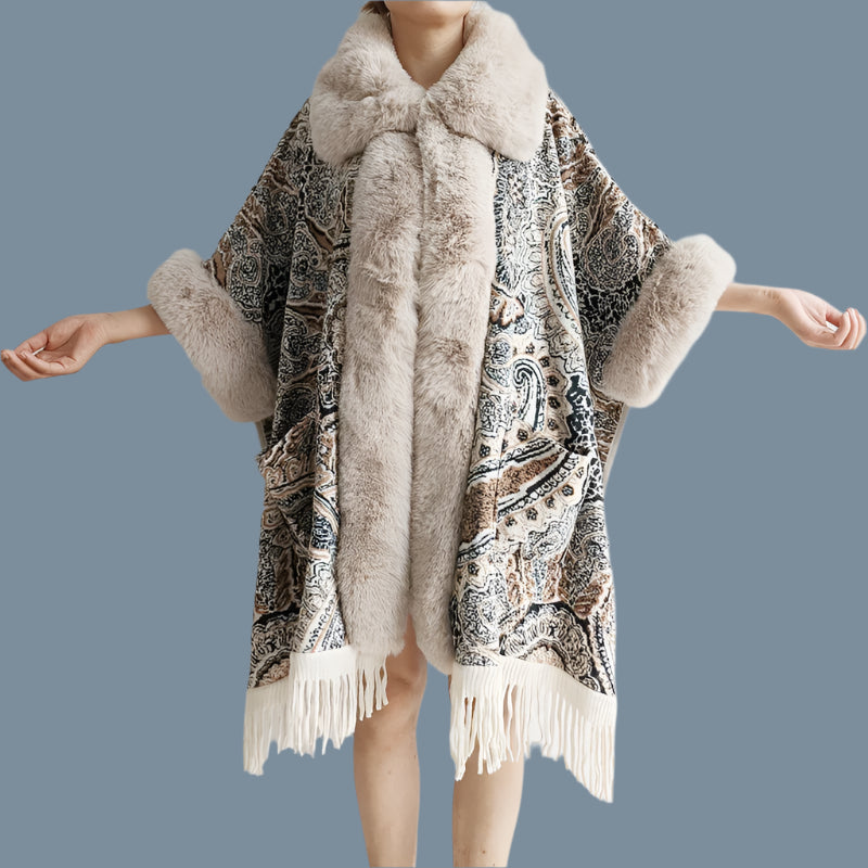 Soft Wool Blend Cape Coat – Faux Rex Rabbit Fur Jacquard Cloak for Women