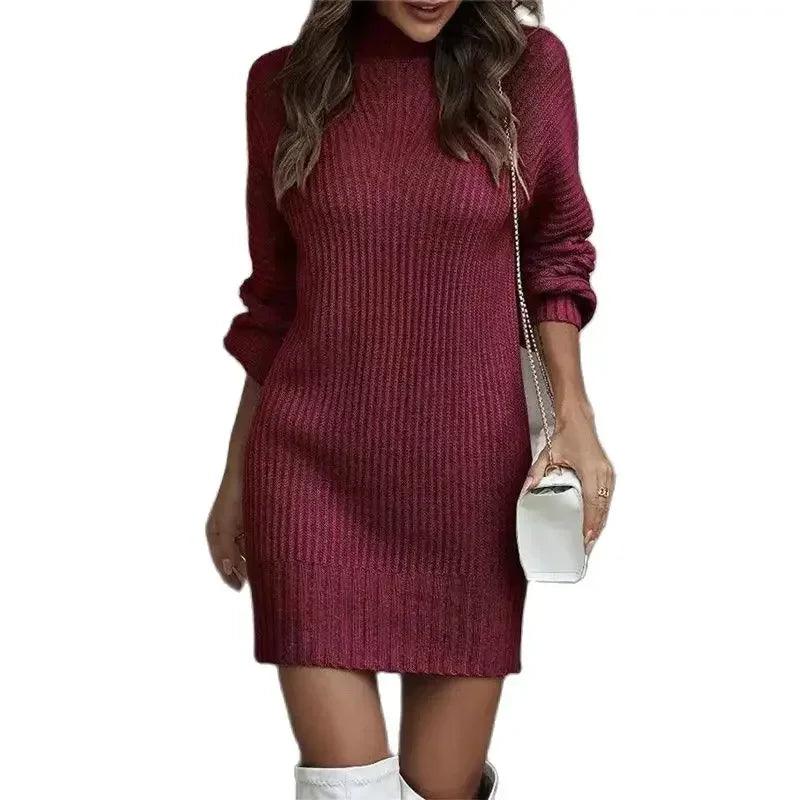 Elegant Solid Color Pit-stripe Turtleneck Long Sleeve Knitted Sweater Dresses - JVMCL