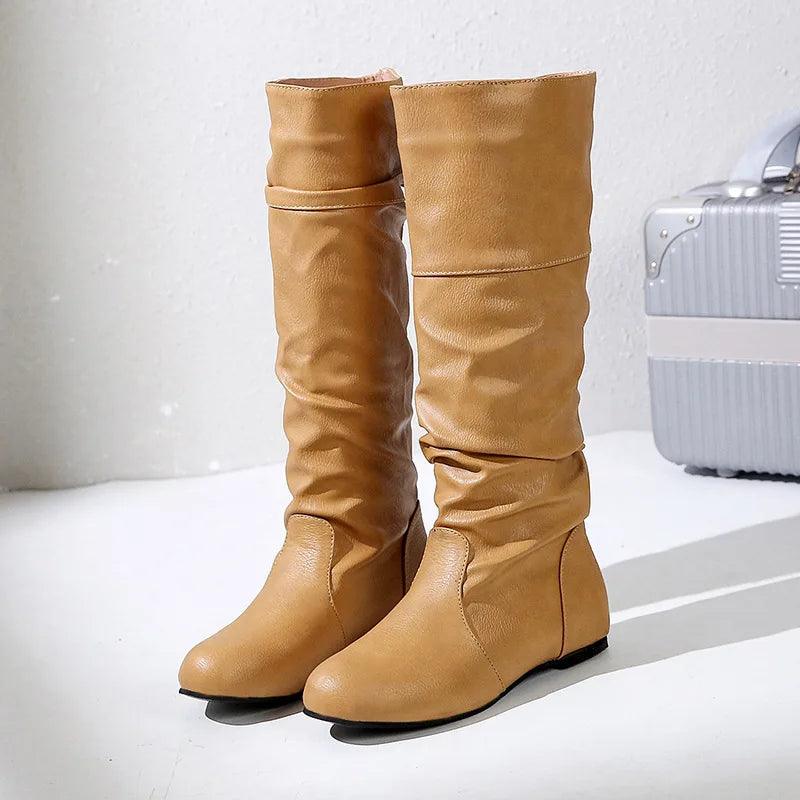 Women's Comfortable Fashion Pleated Long Mid-Calf Slip-On Winter Boots - JVMCL