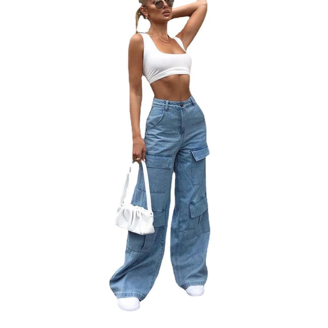 Women's Wide-Leg Cargo Denim Pants – High Street Style for Spring/Summer - JVMCL