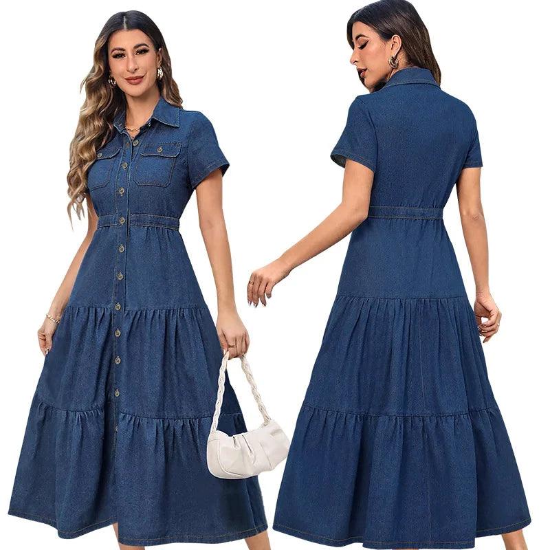 Short Sleeves Turn-Down Neckline Women’s High-Quality Denim Hollow-Out Dress - JVMCL