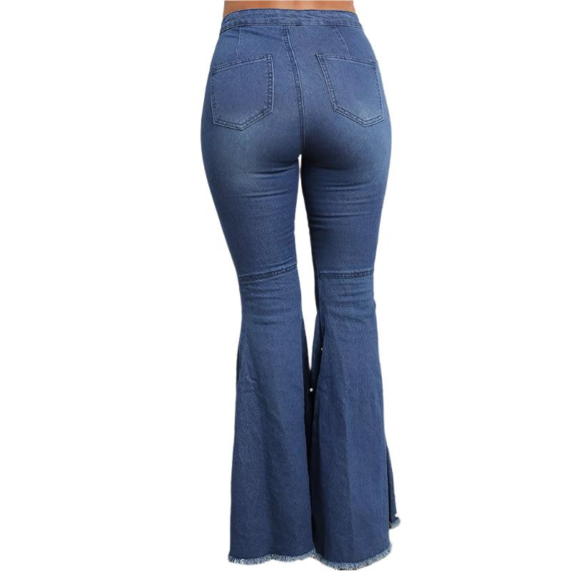 High-Waist Beaded Flared Denim Jeans – Stretchy & Stylish Streetwear - JVMCL