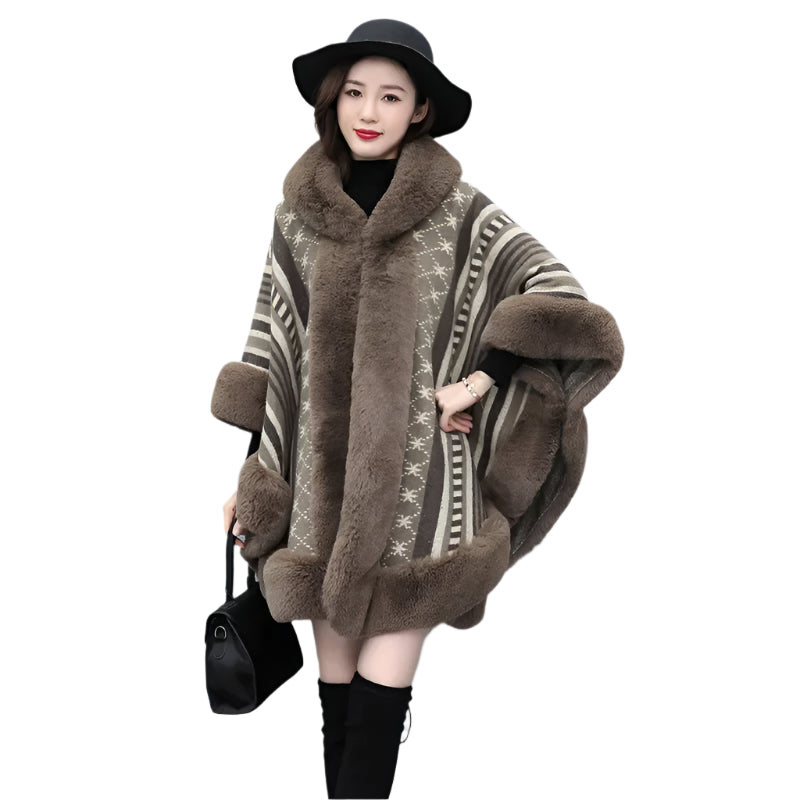 Winter Warm Star-Printed Poncho for Women - Faux Rabbit Fur Collar Cape - JVMCL