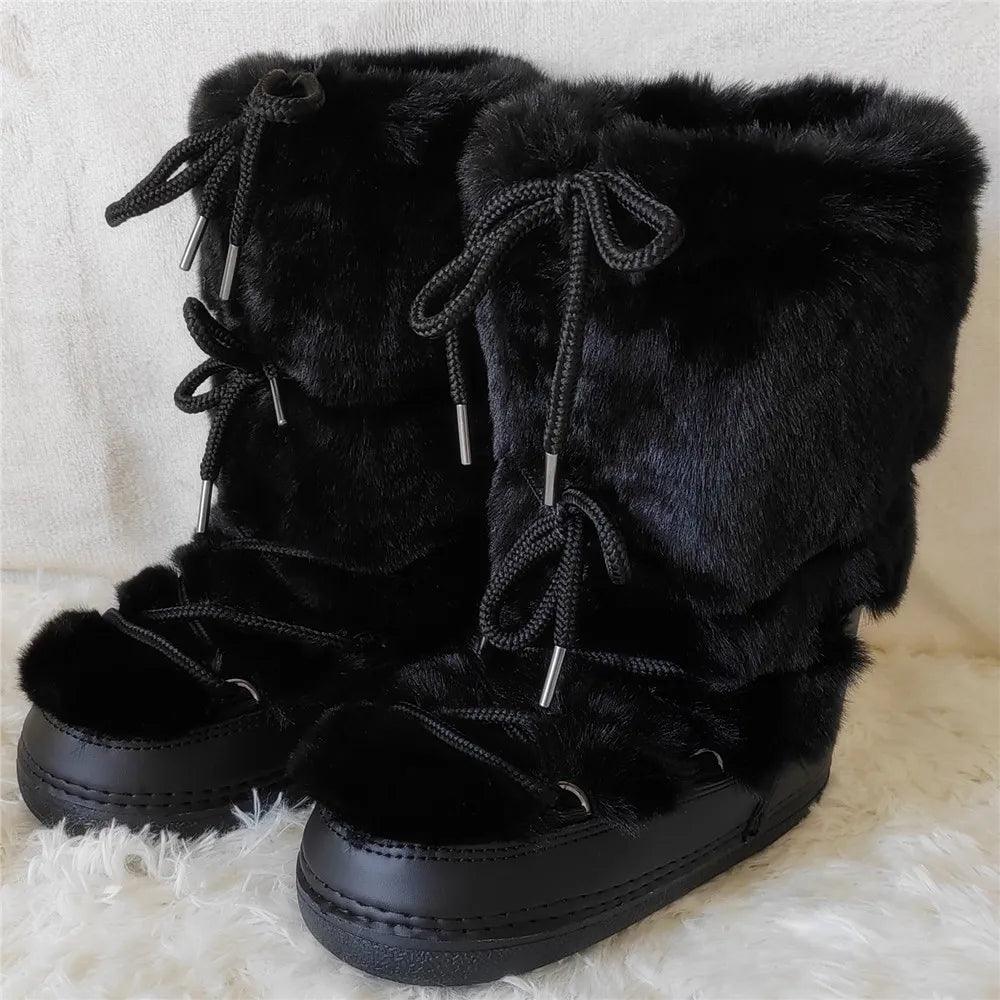 Luxury Winter Rabbit Fur Long Boots – Warm Fluffy Platform Ski Boots - JVMCL