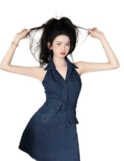 Women’s Retro Off-Shoulder Denim Mini Dress – Chic & Elegant Summer Style