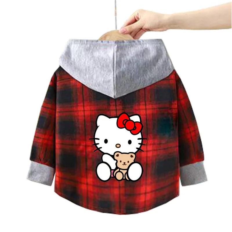 Kitty-Inspired Cute & Casual Hello Hooded Plaid Kids Shirt Outfit (1-12 Years) - JVMCL