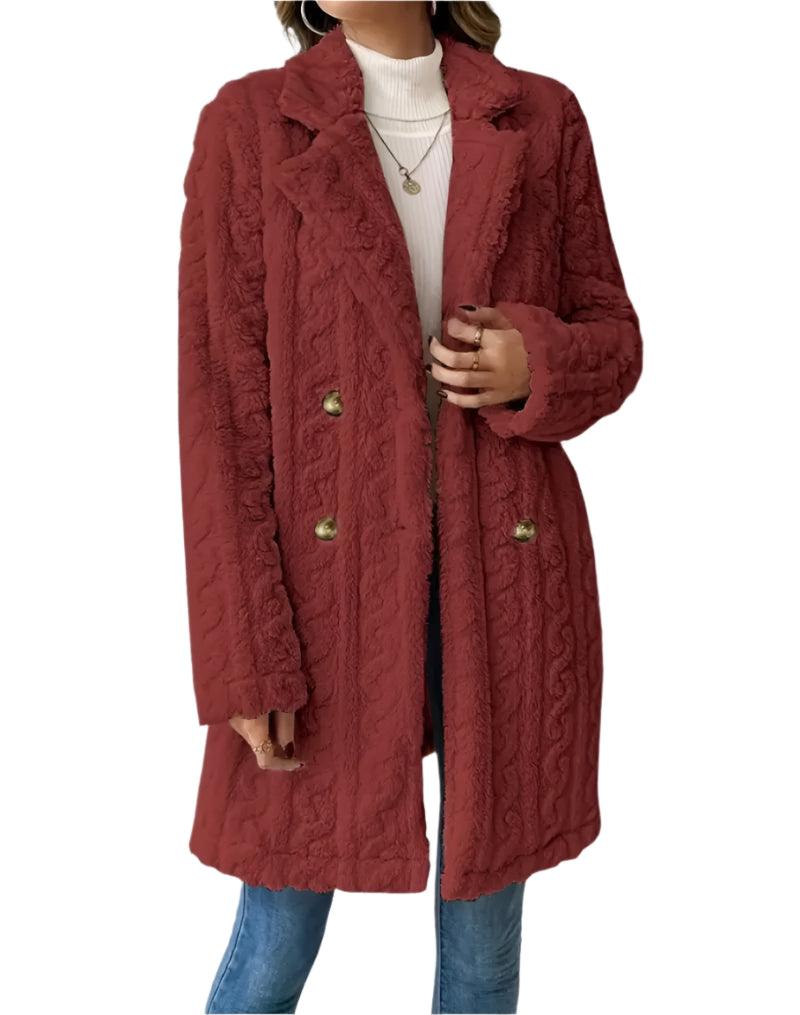 Women's Casual Double-Breasted Wool Coat – Warm Coral Velvet Long Jacket - JVMCL