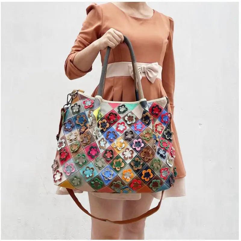 Multi-Colorful Real Leather Floral Tote – Luxury & Artistic Elegance - JVMCL