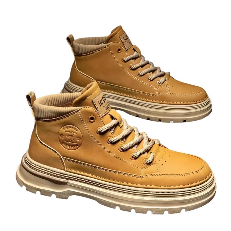 Men's High-Top Leather Work Boots – Yellow Casual Hiking Boots with Thick Bottom - JVMCL