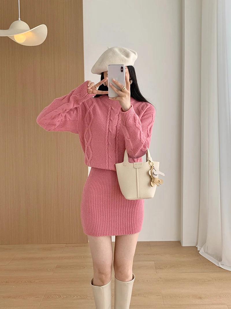 Ribbed Pullover Bodycon Batwing Sleeve Two-Piece Dress - JVMCL