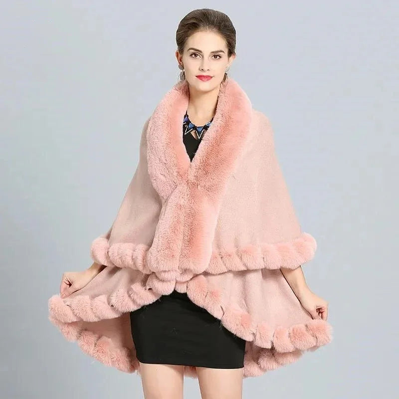 Women's Winter Knitted Poncho Cloak – Faux Rex Rabbit Fur Collar Pashmina Wrap