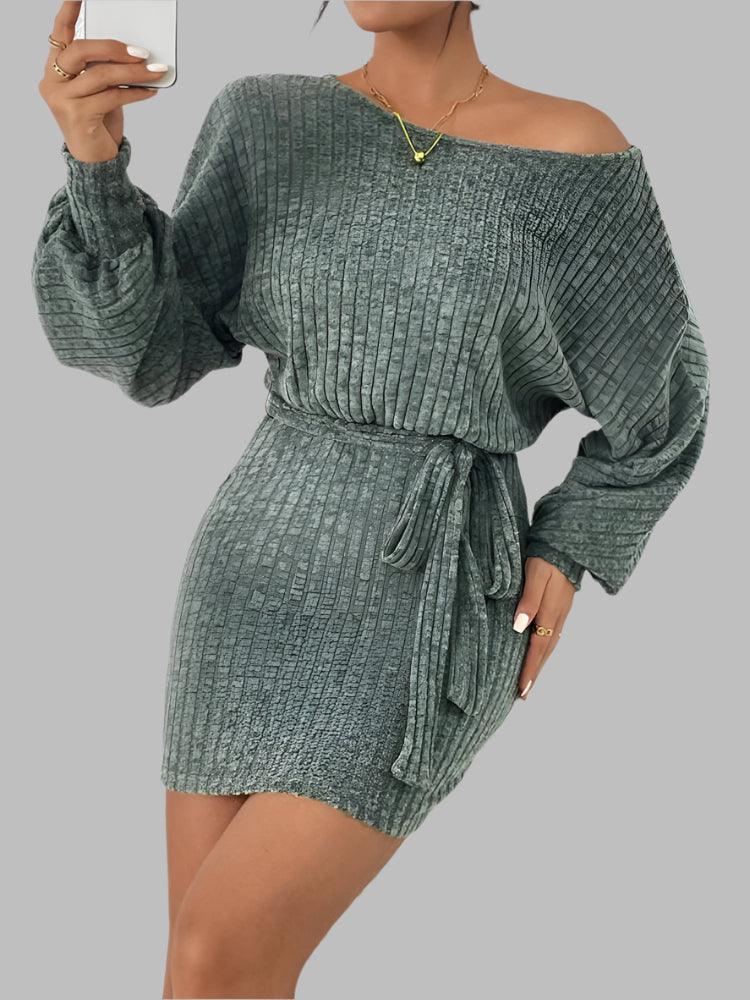 Fashion Round Neck Striped Green Lace Knit Striped Texture Bag Arm Dress - JVMCL