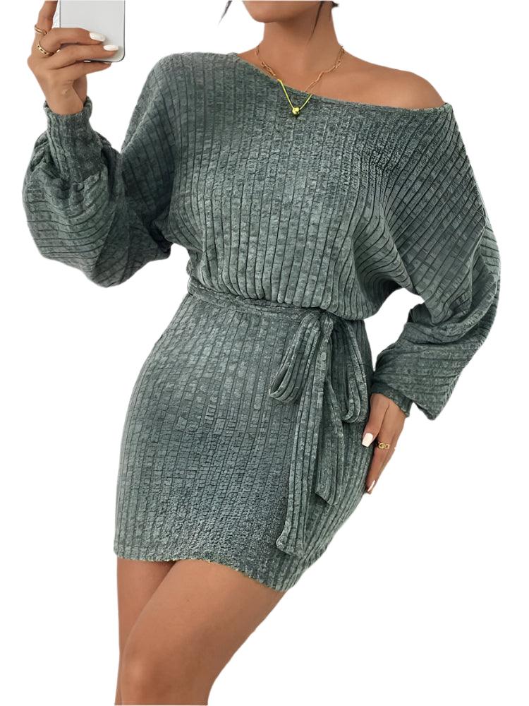 Fashion Round Neck Striped Green Lace Knit Solid Color Bag Arm Commuter Dress - JVMCL