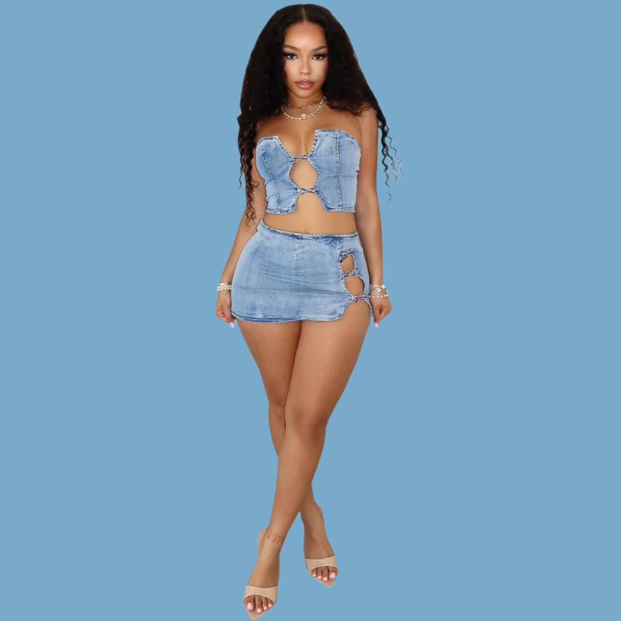 Women Set: Sleeveless Denim Strapless Tops and Mini Skirt Suits - JVMCL