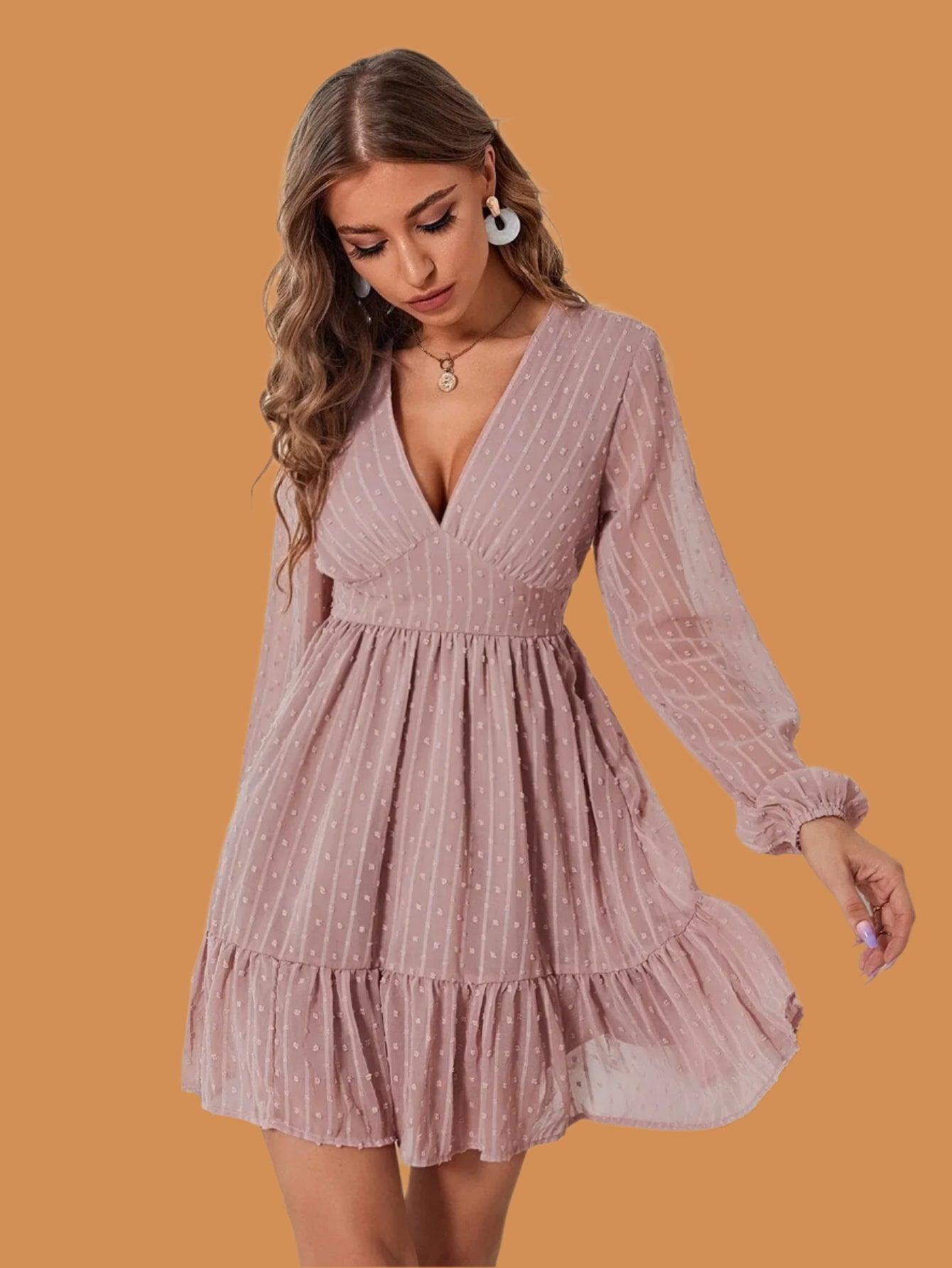 Lantern Sleeve Solid Color Long Sleeve V-Neck High Waist Women's Short Dress - JVMCL