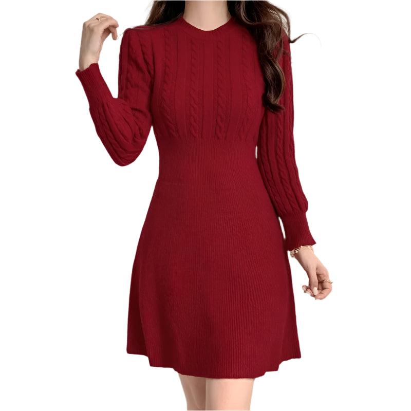 Chic Feminine Korea Winter Spring Women Office Lady O-Neck Knitted Sweater Dress - JVMCL