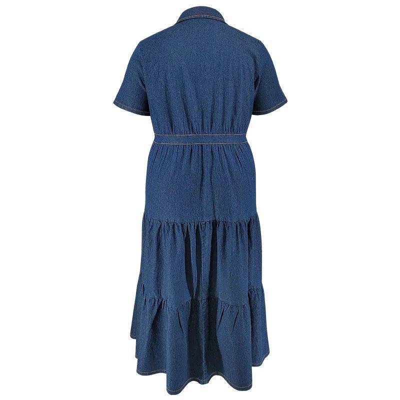 Short Sleeves Turn-Down Neckline Women’s High-Quality Denim Hollow-Out Dress - JVMCL