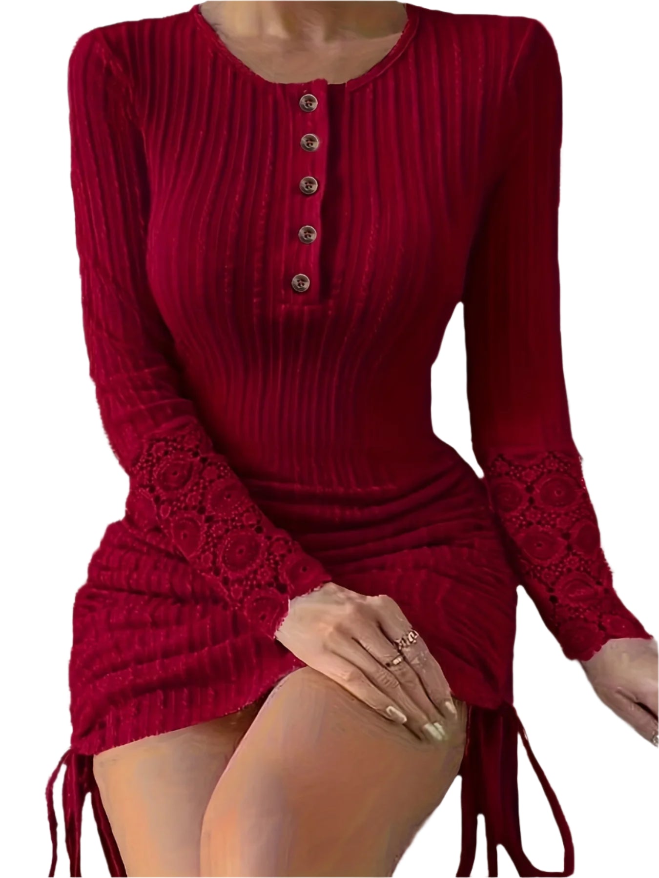 Sexy Lace Splicing Drawstring Bodycon Midi Dress –Long Sleeve O-Neck Party Dress - JVMCL