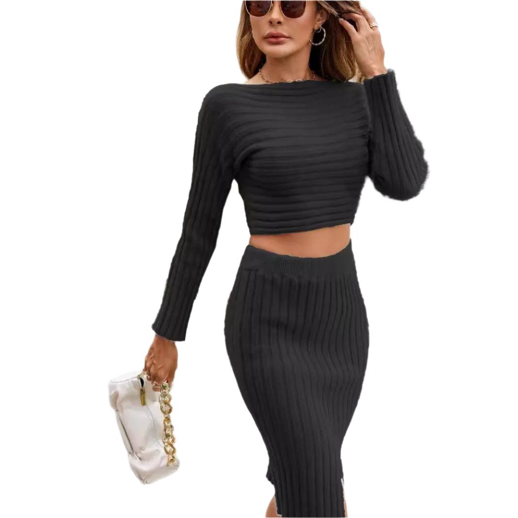 Two Piece Autumn Winter Knitted Skirt Set –Long-Sleeve Striped Hip Skirt Sweater - JVMCL