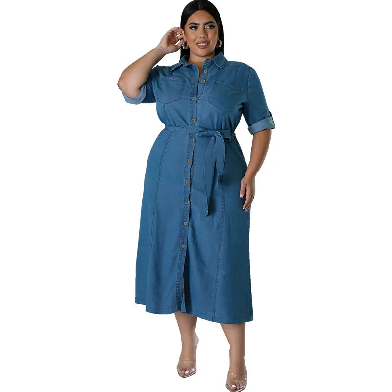 Plus Size Denim Midi Dress – Loose-Fit Street Style for Effortless Comfort