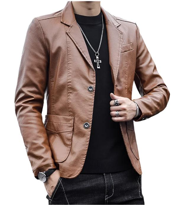 Men's Business Casual Leather Jacket – Slim Fit Suit Collar Coat - JVMCL