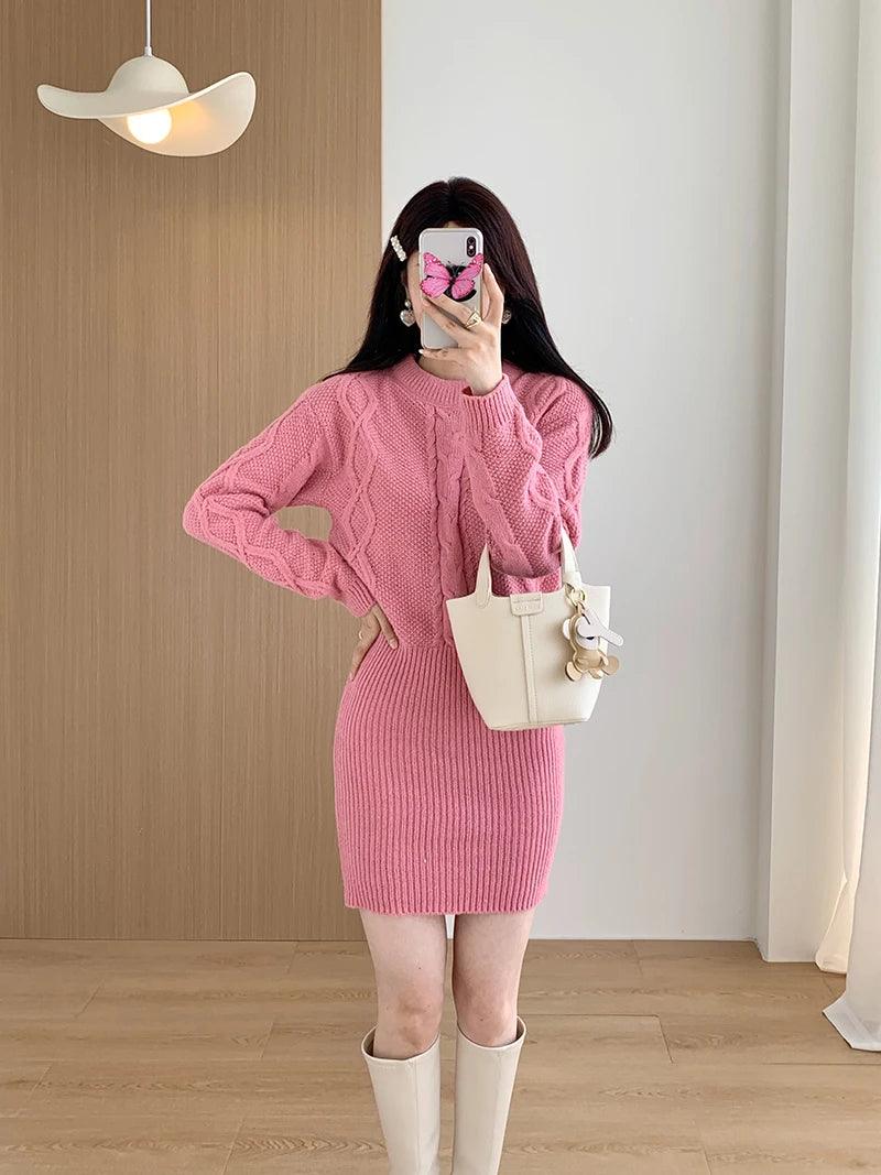 Ribbed Pullover Bodycon Batwing Sleeve Two-Piece Dress - JVMCL