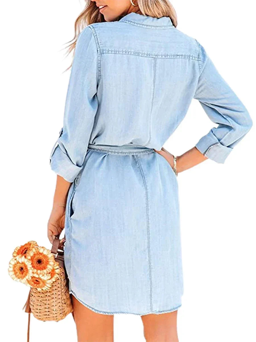 Women's Casual Denim Shirt Dress – Chic & Effortless Button-Down Style