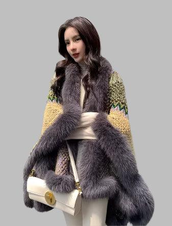 Bohemian Faux Silver Fox Fur Poncho – Knitted Wool Cloak & Luxury Shawl Wrap - JVMCL