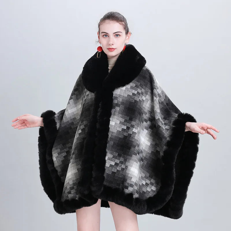 Women's Thicken Lining Woolen Faux Rabbit Fur Cloak Overcoat - Vintage Winter Cape - JVMCL