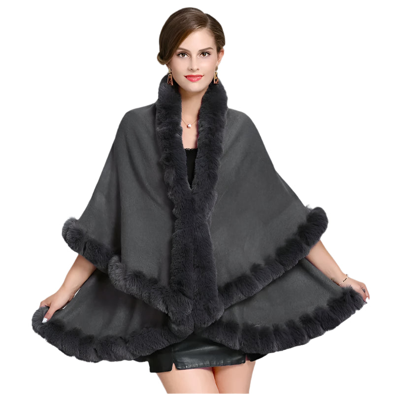 Elegant Outstreet Faux Fox Fur Collar Two-Layer Poncho Cape Cardigan Coat - JVMCL