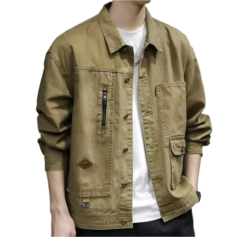 Men’s Retro Zippered Denim Jacket – Classic Workwear with a Modern Edge