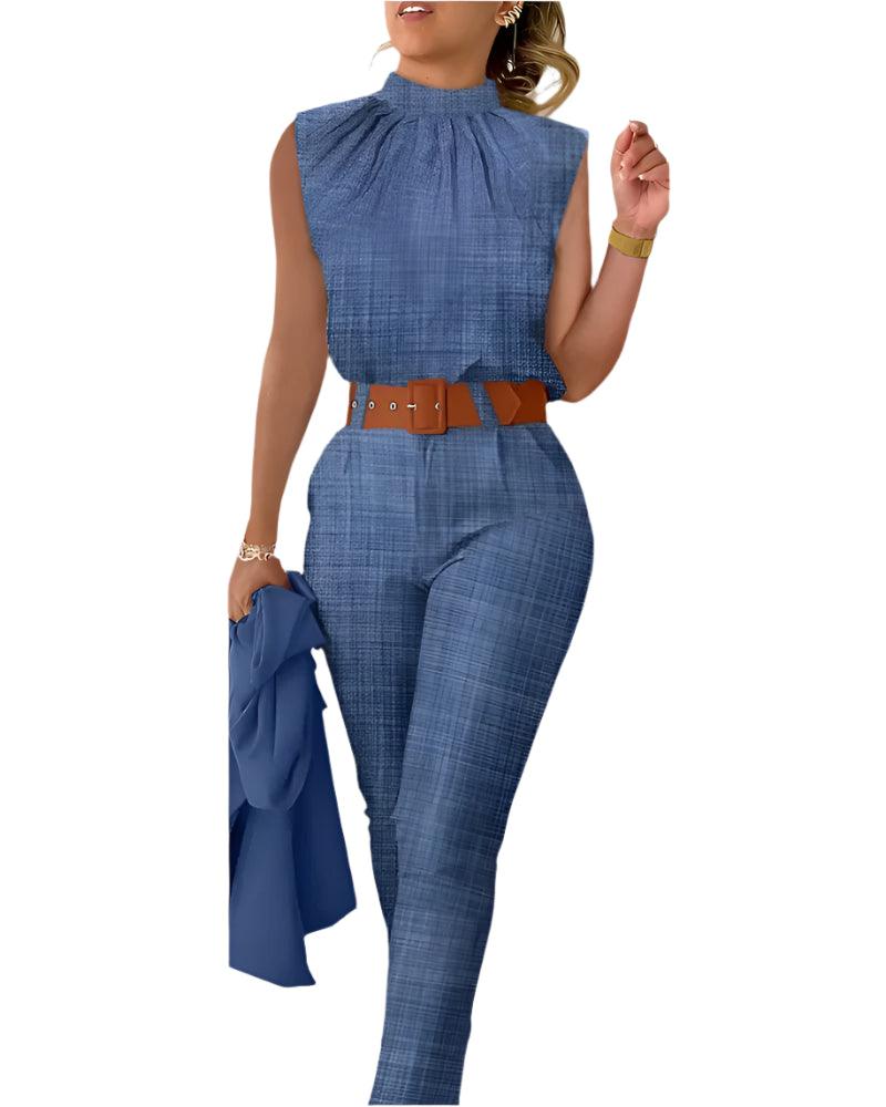 Elegant Summer Denim Blue 2-Piece Set – Stand Collar Sleeveless Top & High-Waist Pants - JVMCL