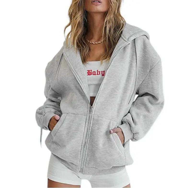 Women's Long Sleeve Solid Zip-Up Sweatshirt - Autumn/Winter Fashion Hoodie - JVMCL