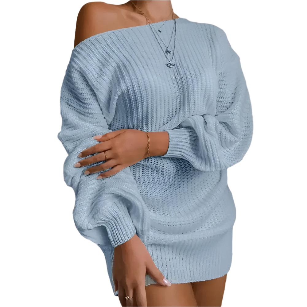 Women's Cold Shoulder Lantern Sleeve Mini Sweater Dress - Spring Fashion - JVMCL