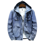 Men's Hooded Denim Jacket - Windproof Casual Coats, Large Pocket Sports Denim Jackets Solid Fashion Streetwear - JVMCL