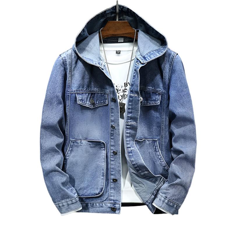 Men's Hooded Denim Jacket - Windproof Casual Coats, Large Pocket Sports Denim Jackets Solid Fashion Streetwear - JVMCL