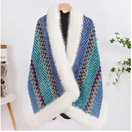 Bohemian Faux Silver Fox Fur Poncho – Knitted Wool Cloak & Luxury Shawl Wrap - JVMCL