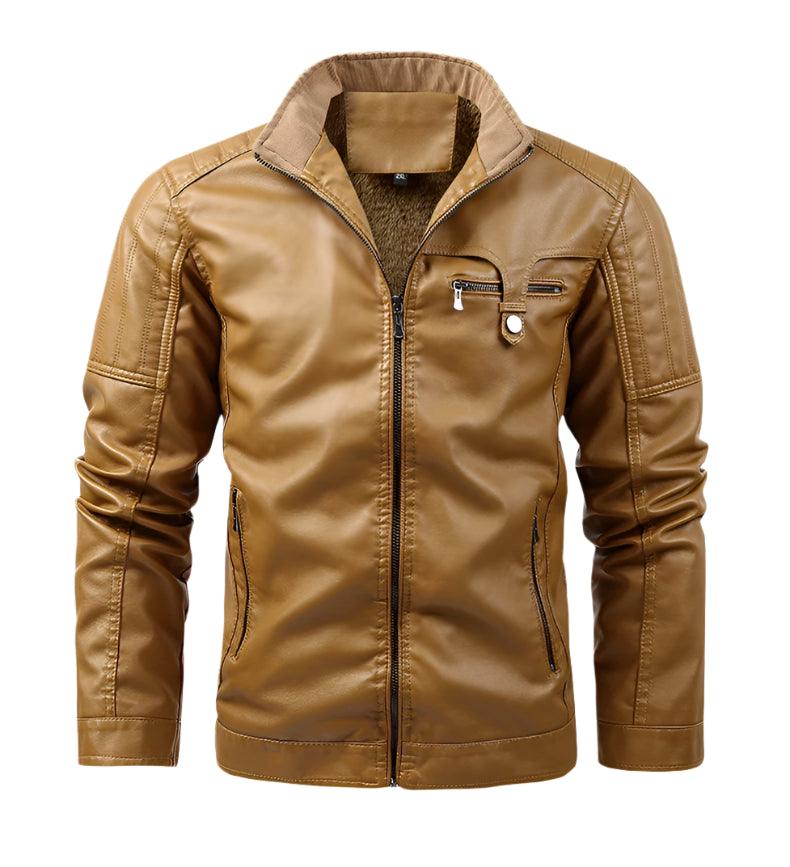 Men’s Standing Collar PU Leather Jacket – Multi-Pocket Moto & Biker Style - JVMCL