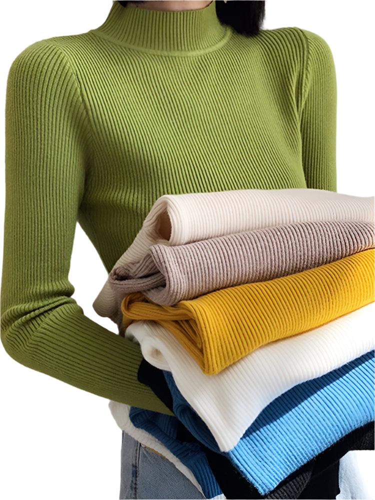 Autumn Winter Mock Neck Women Sweater - Vintage Basic Slim Knitted Casual Pullover - JVMCL